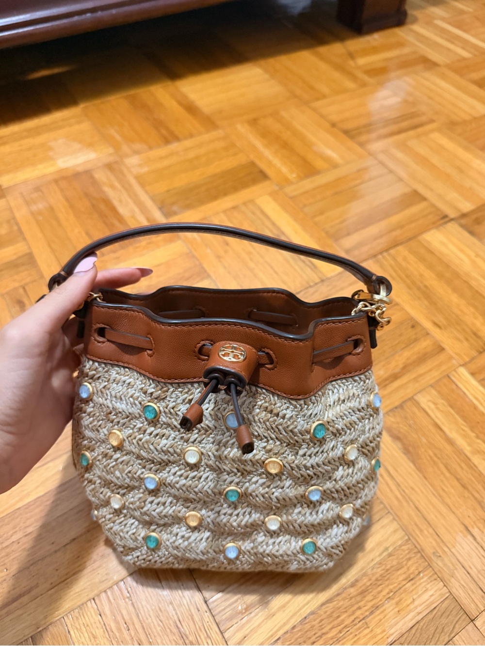 Tory Burch Tan Leather & Straw Mini Drawstring Bucket Bag with Multicolored Gems